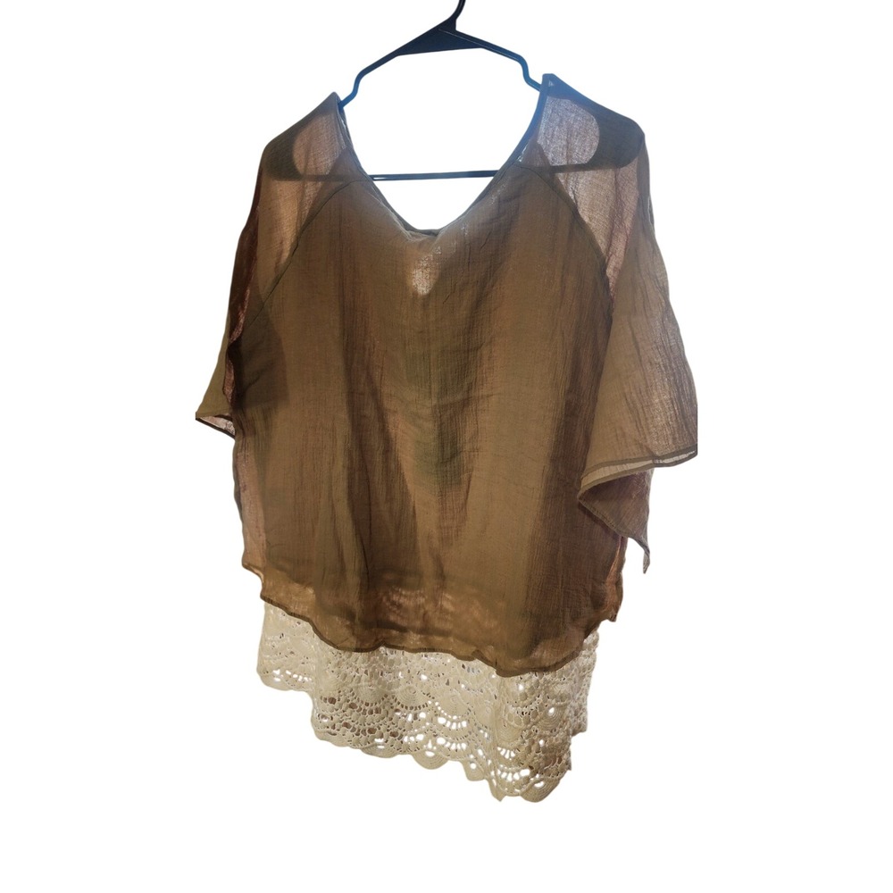 Hayden Los Angeles Boho Lace Hem Blouse Brown Olive Crochet V-Neck Large NWT - Picture 4 of 4